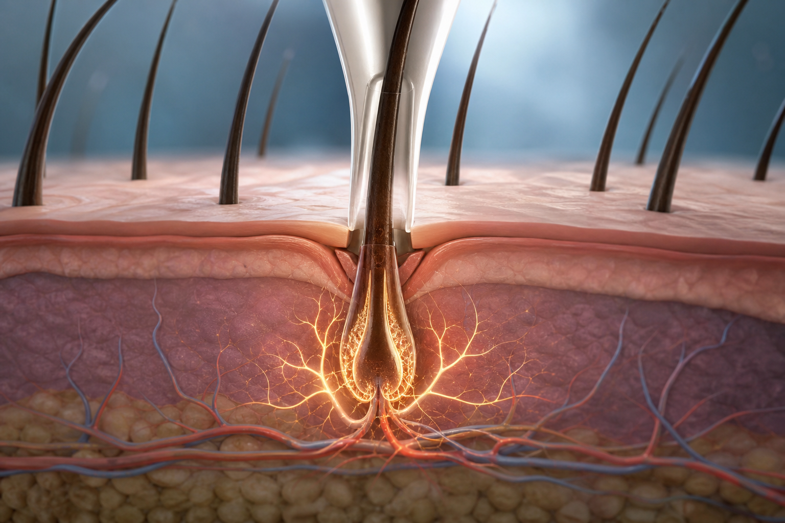 A conceptual cross-section illustration of the human scalp showing a transplanted hair follicle. The