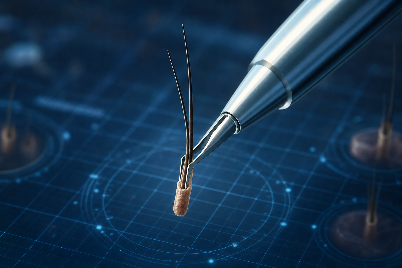 An abstract and high-tech illustration representing the FUE (Follicular Unit Extraction) method. A s