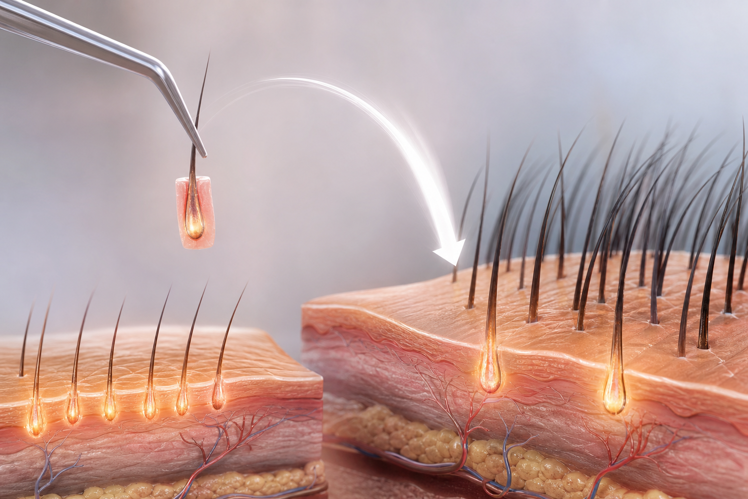A conceptual medical illustration of the hair transplantation process. It shows a close-up of health