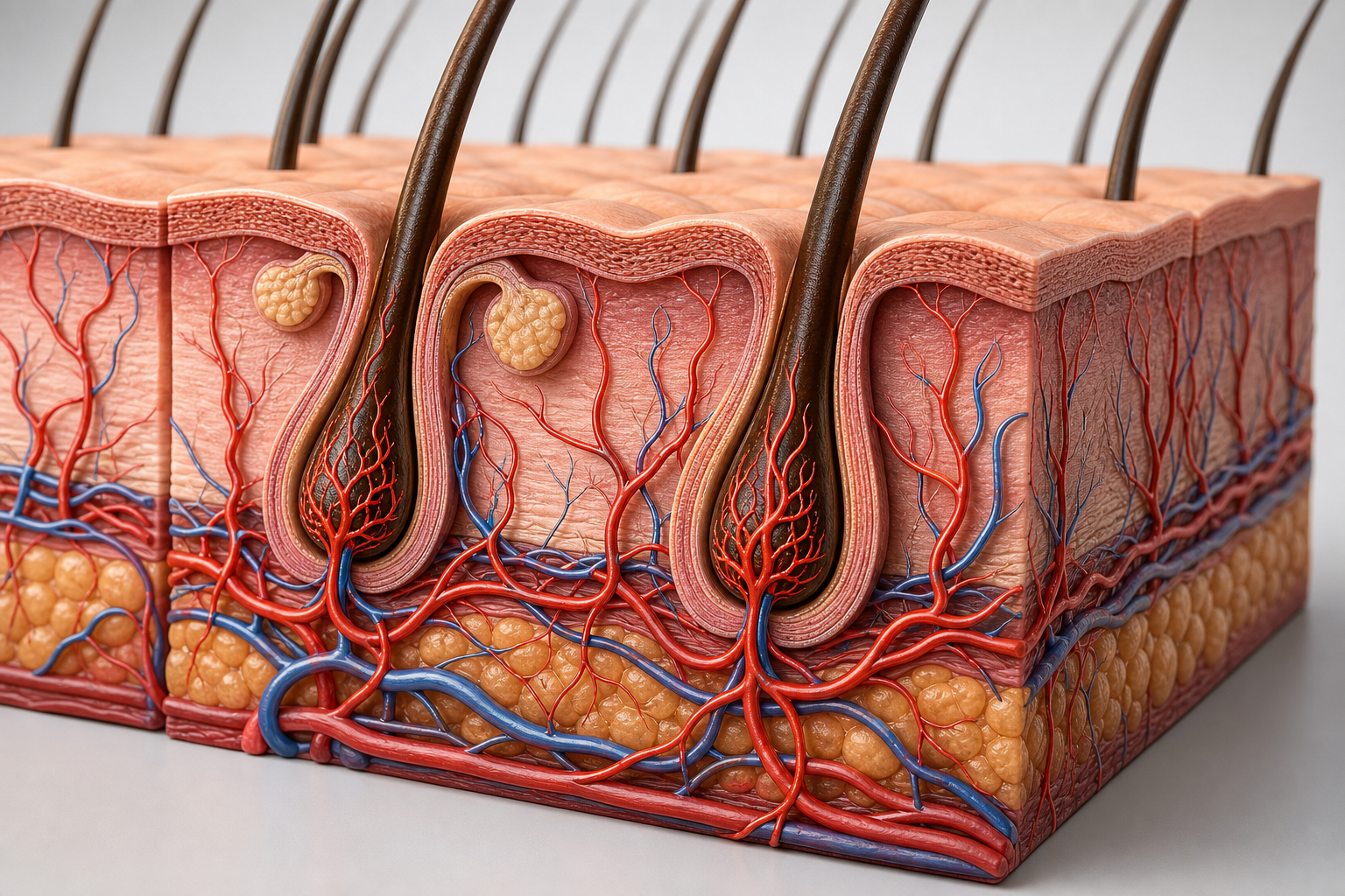 A clean 3D medical illustration showing a cross-section of the human scalp. It highlights hair folli