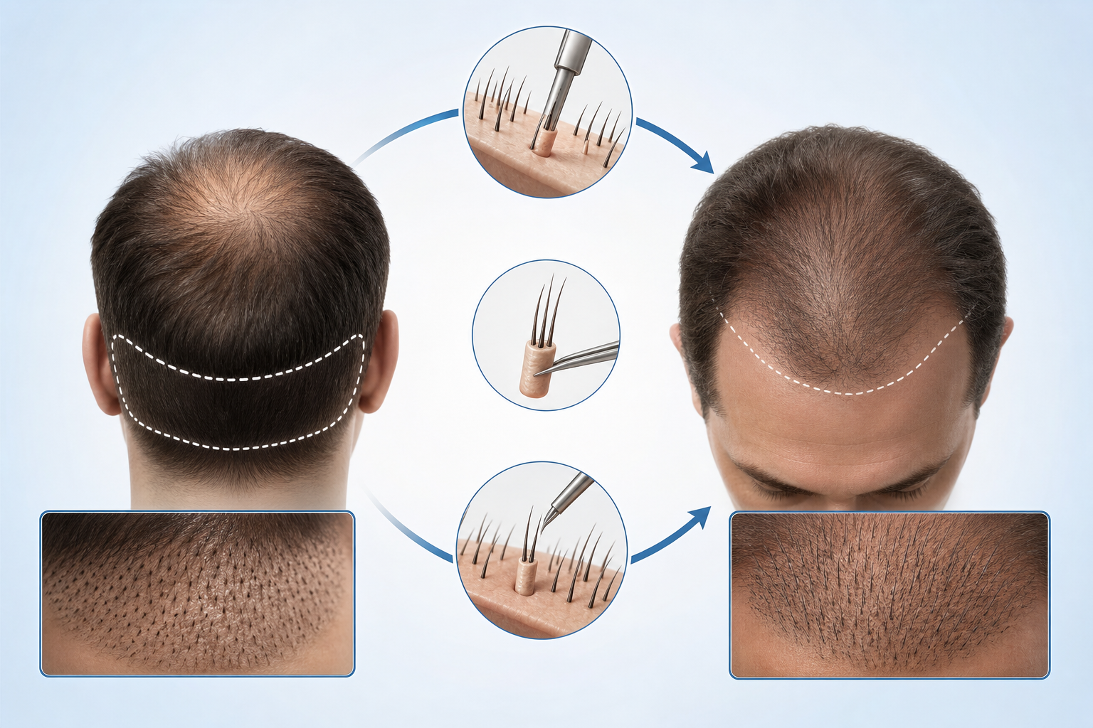 A conceptual medical infographic showing the mechanism of hair transplantation. A stylized diagram o