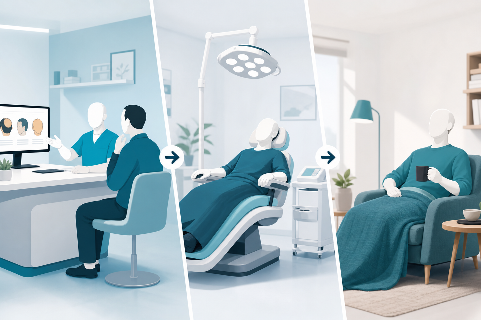 A sequence of minimalist vector illustrations depicting the journey of a hair transplant patient. It