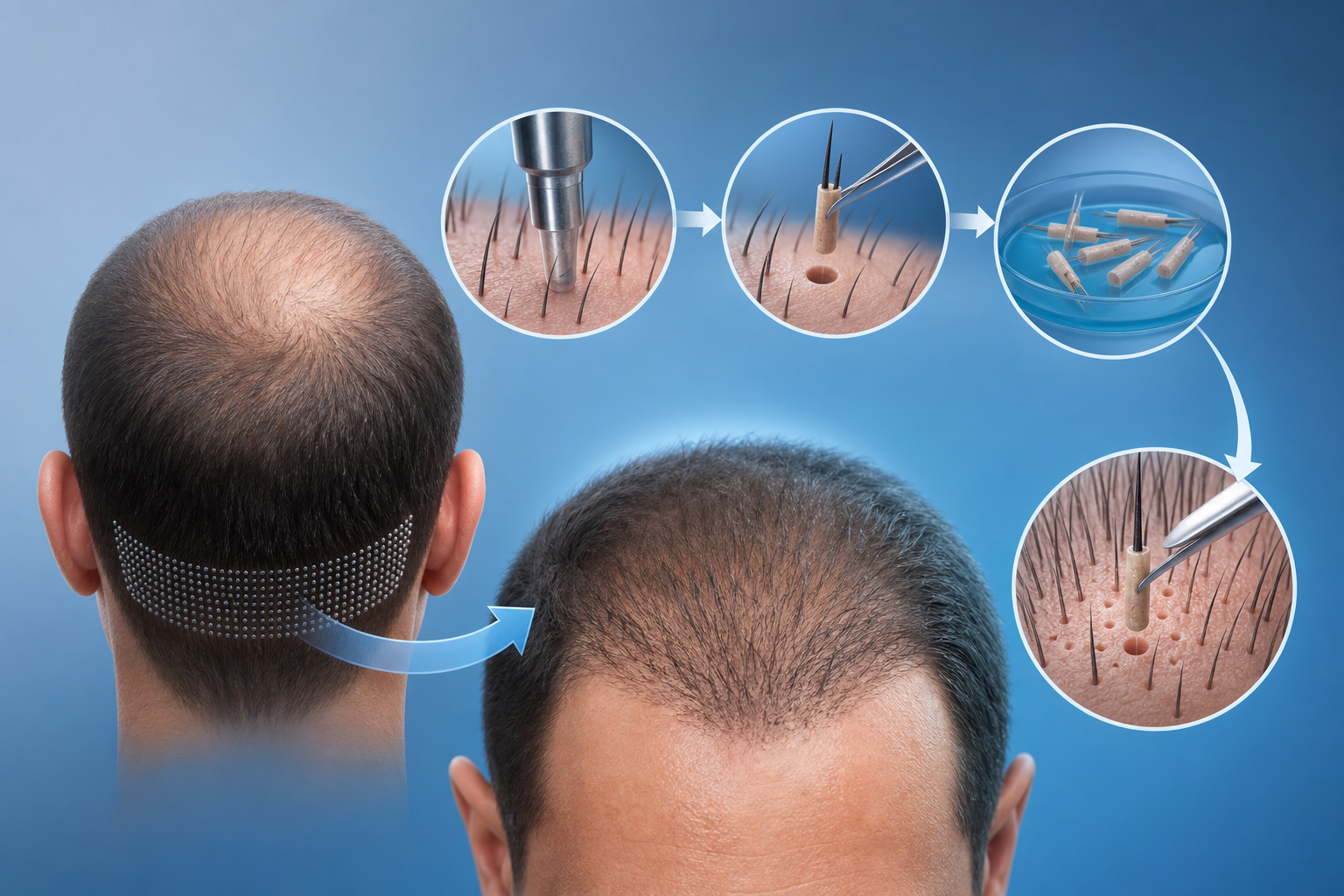 An informative and conceptual illustration showing the process of hair transplantation. A 3D-rendere