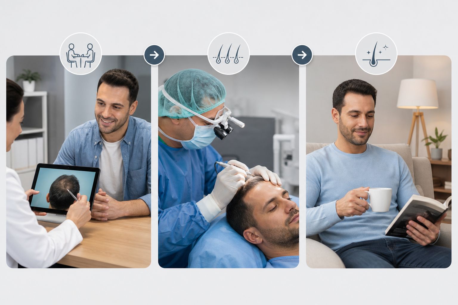 A modern flat-design infographic illustration showing the step-by-step journey of a hair transplant 
