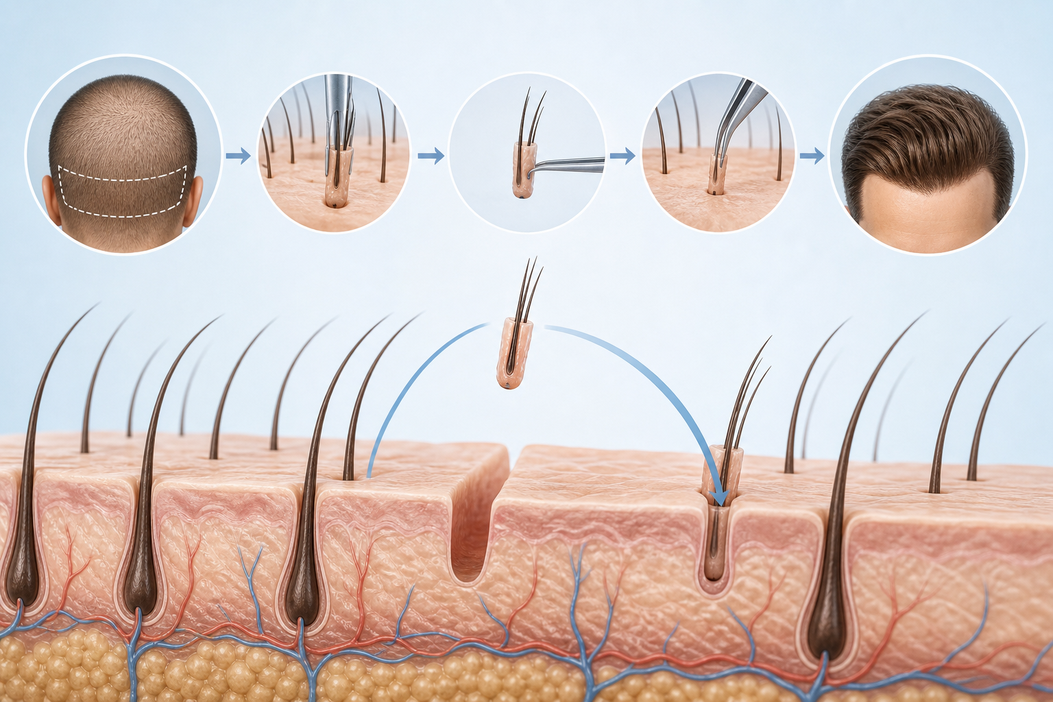 A conceptual medical illustration showing the difference between hair transplant techniques. An arti