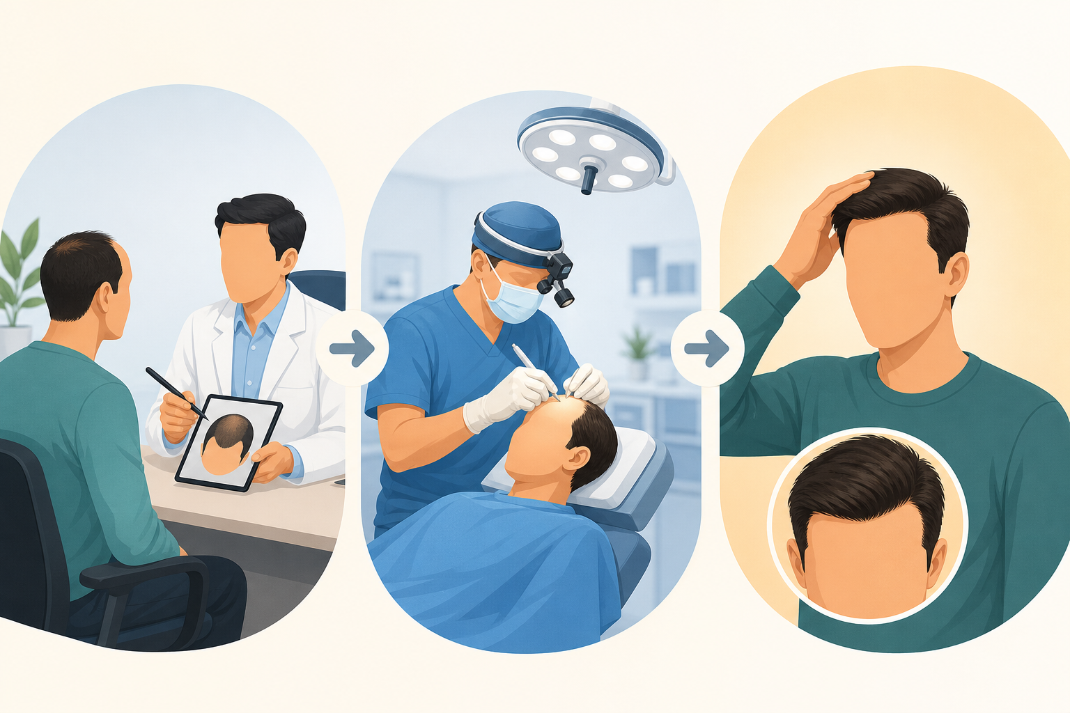 An illustrative infographic showing a step-by-step process of a hair transplant patient journey. It
