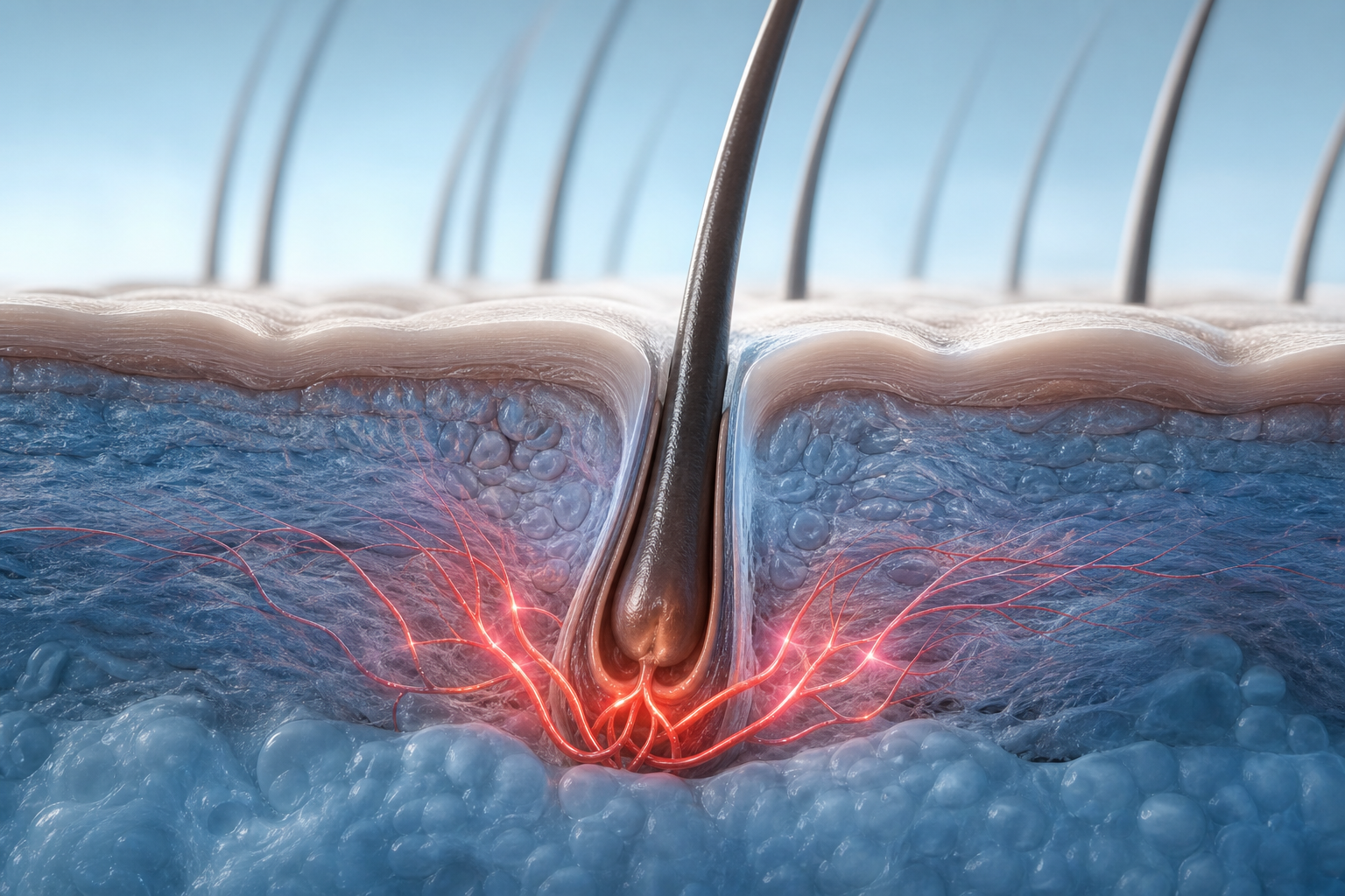 A professional medical 3D illustration showing a microscopic cross-section of the scalp. A newly tra