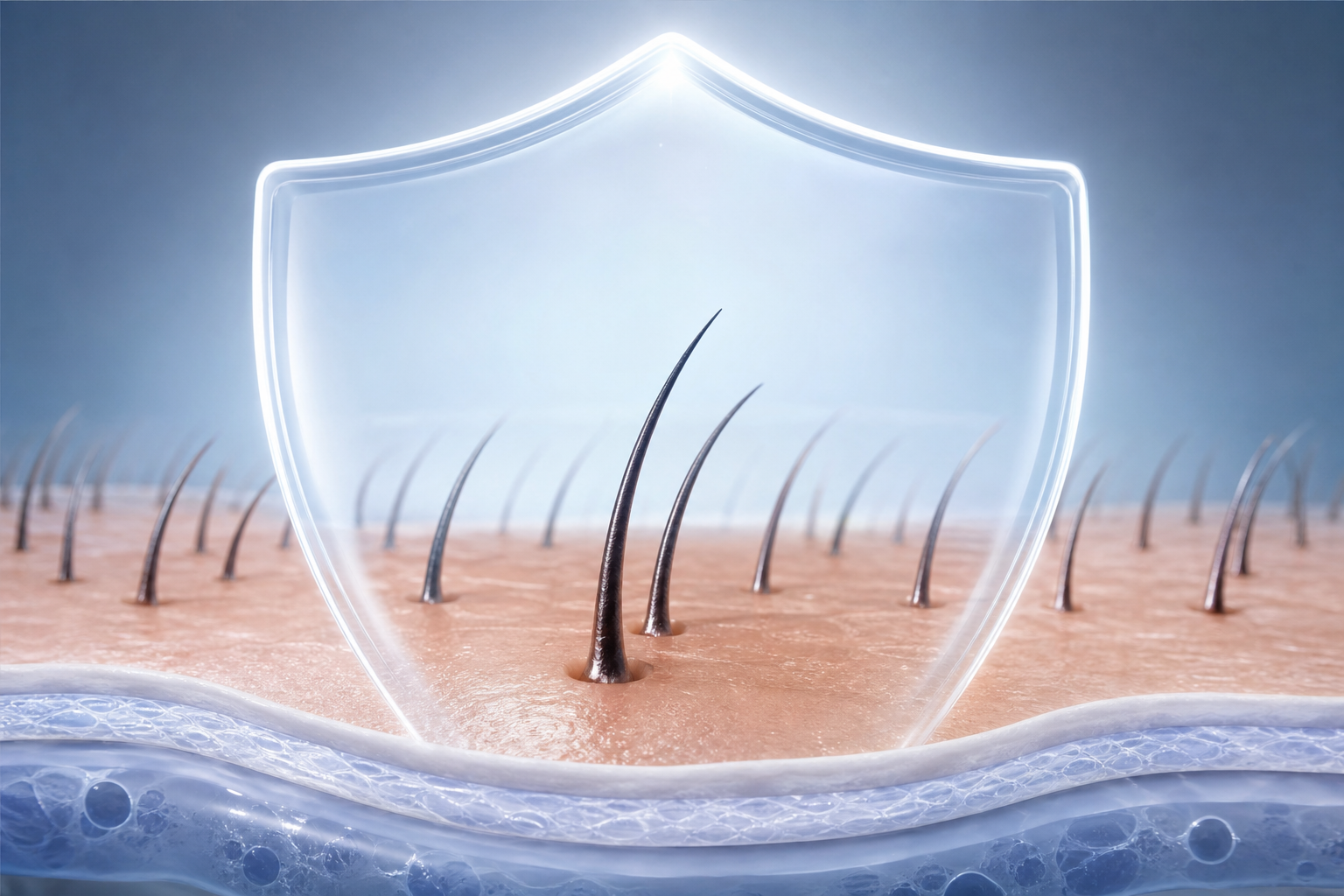 A clean and modern conceptual illustration representing hair follicle protection. A stylized scalp a