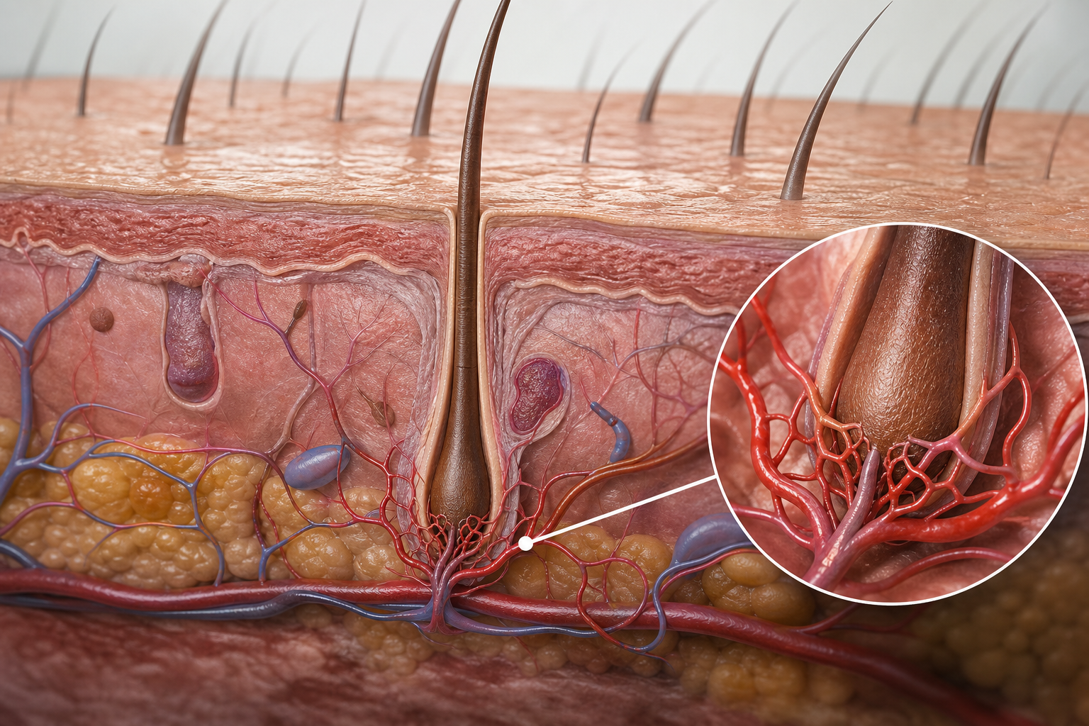 A detailed medical illustration showing a cross-section of the human scalp. It highlights a transpla
