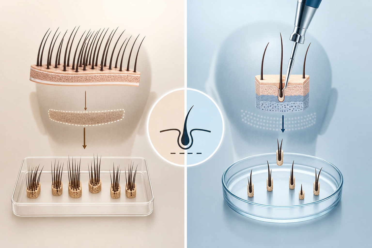 A comparative infographic-style illustration presenting two hair transplant techniques. One side con