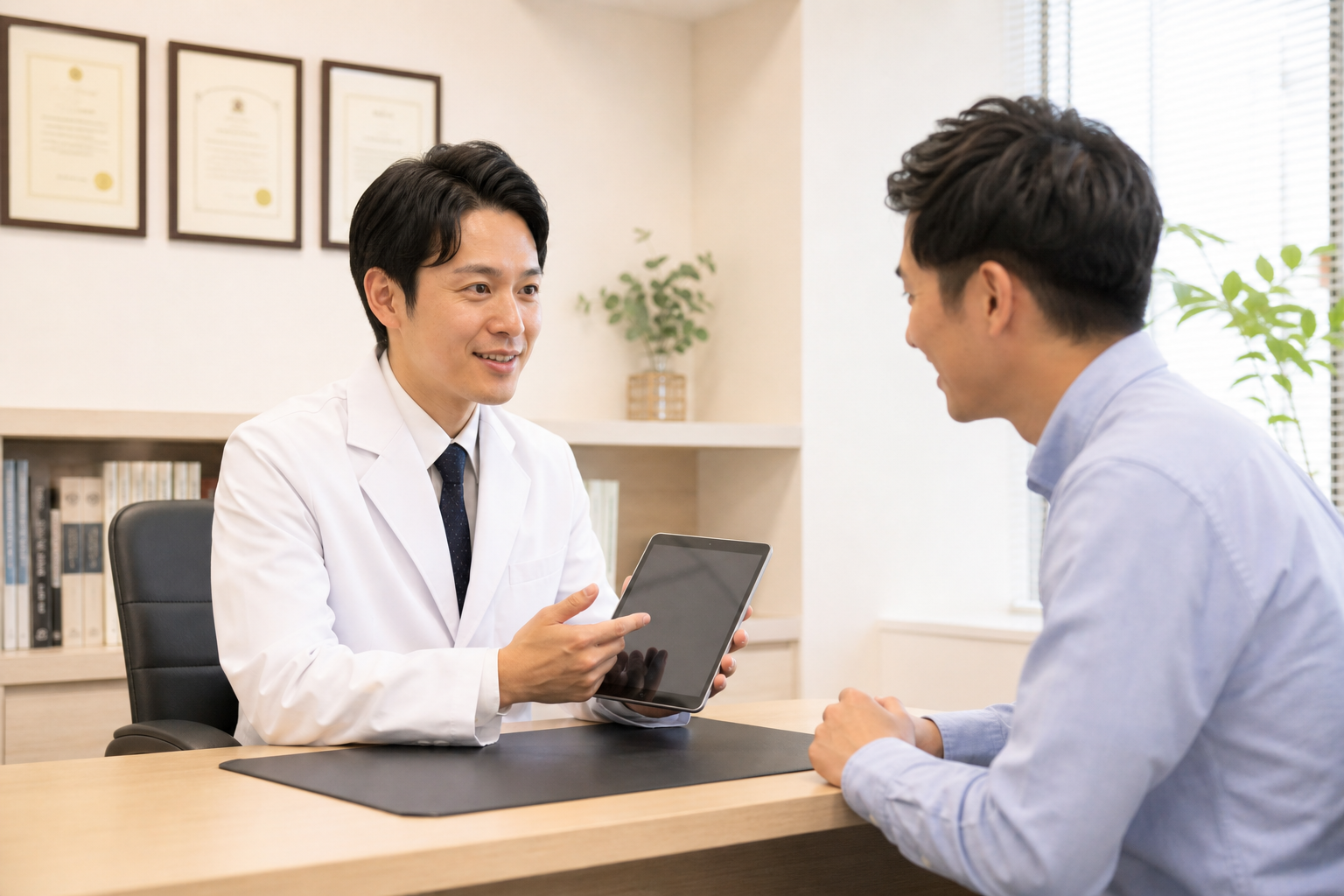 明るく清潔なカウンセリングルームで、信頼感のある男性医師がタブレット端末を見せながら、30代の男性患者に対して穏やかに説明している様子。壁には医学的な証明書のような額縁が飾られ、プロフェッショナルかつ