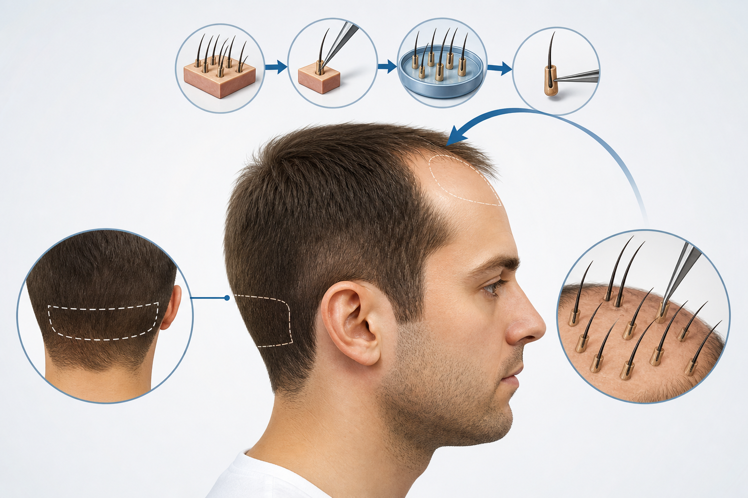 A clear and professional medical illustration showing the mechanism of hair transplantation. A profi