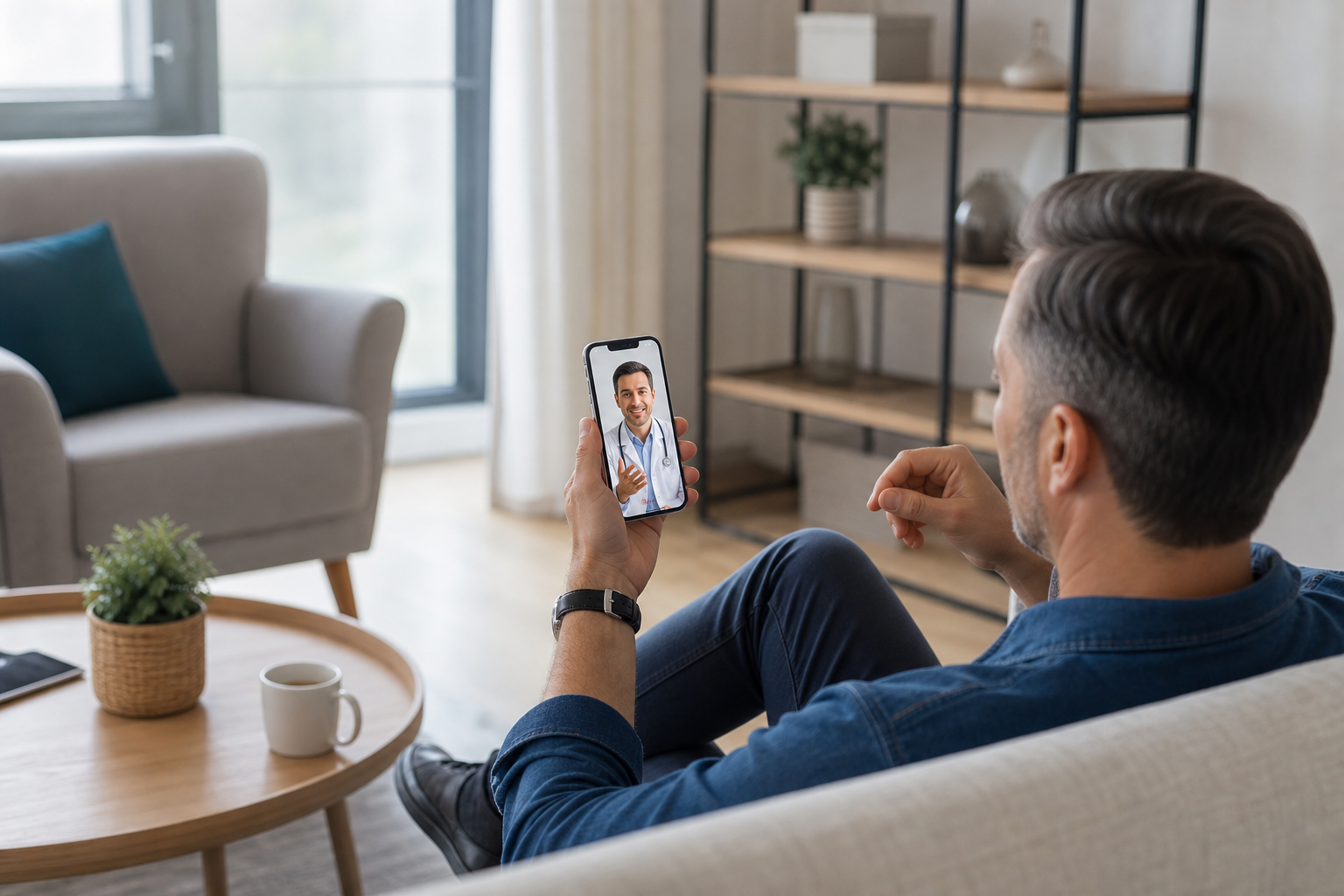A high-quality image of a man in his 30s or 40s sitting in a bright, modern living room, having a pr