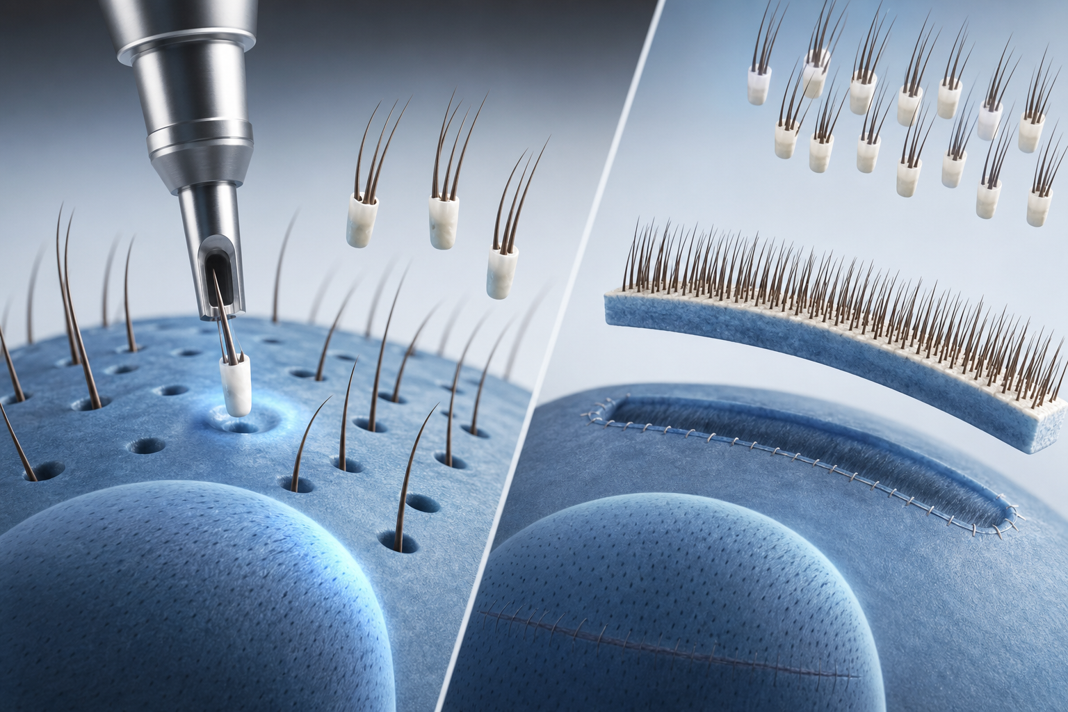 A detailed 3D medical illustration comparing two types of hair transplant methods. One side shows th