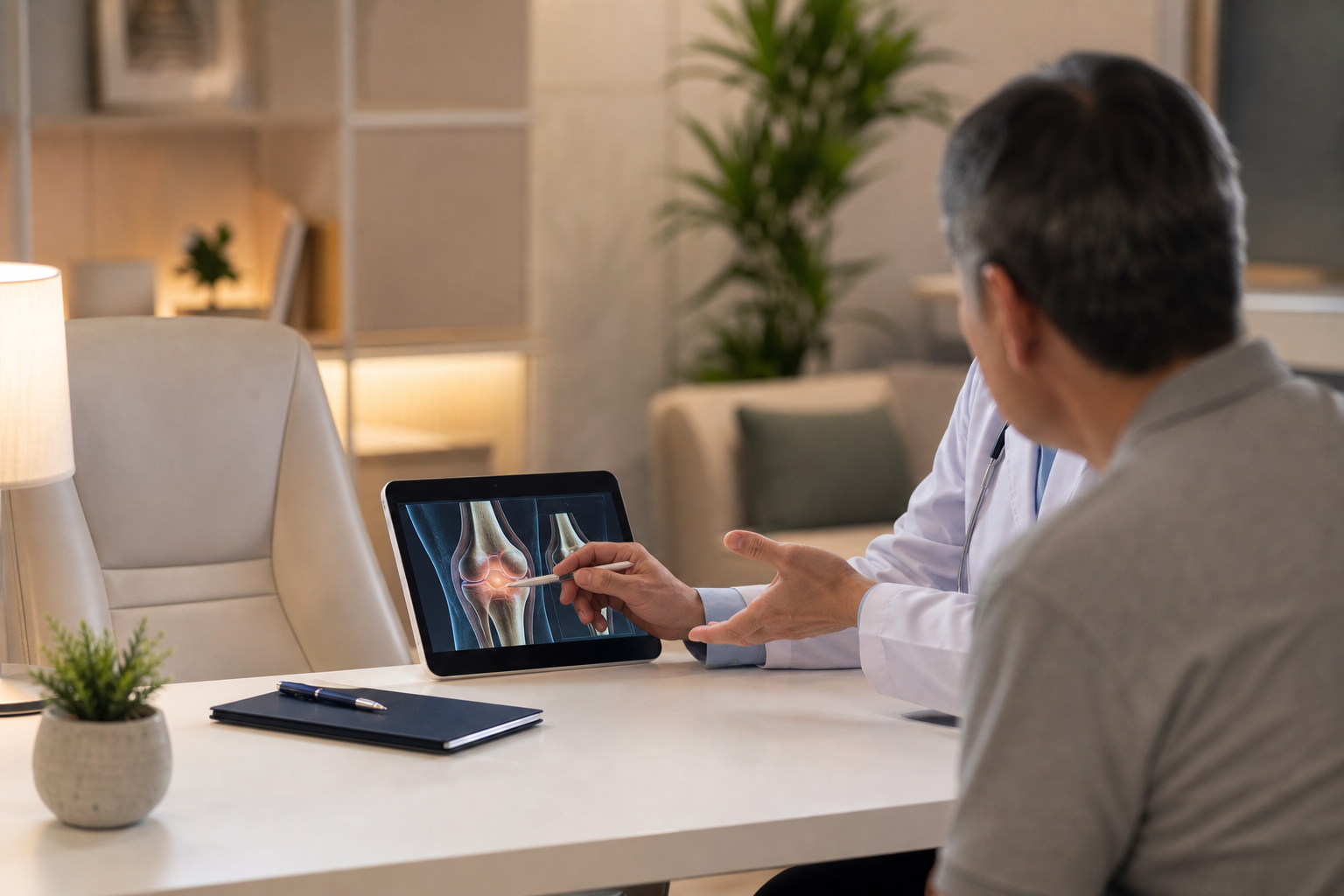 A conceptual illustration of a professional medical consultation. A doctor in a white coat is kindly