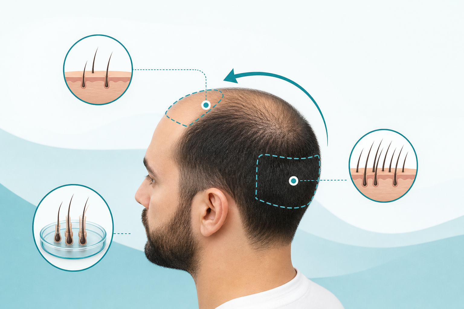 A professional medical illustration showing a human head profile to explain the donor and recipient 