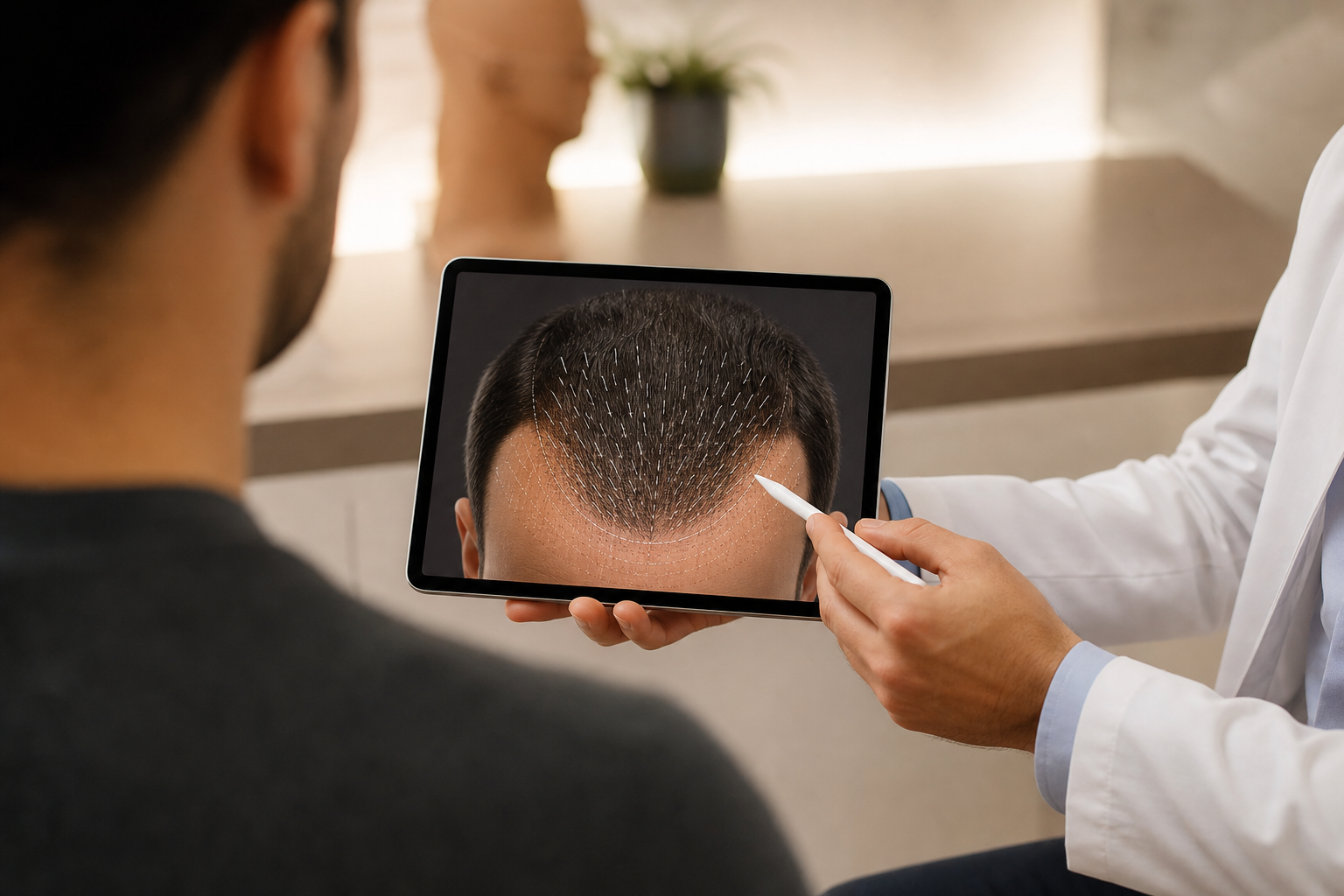 A consultation scene where an experienced doctor in a white lab coat is showing a male patient a det