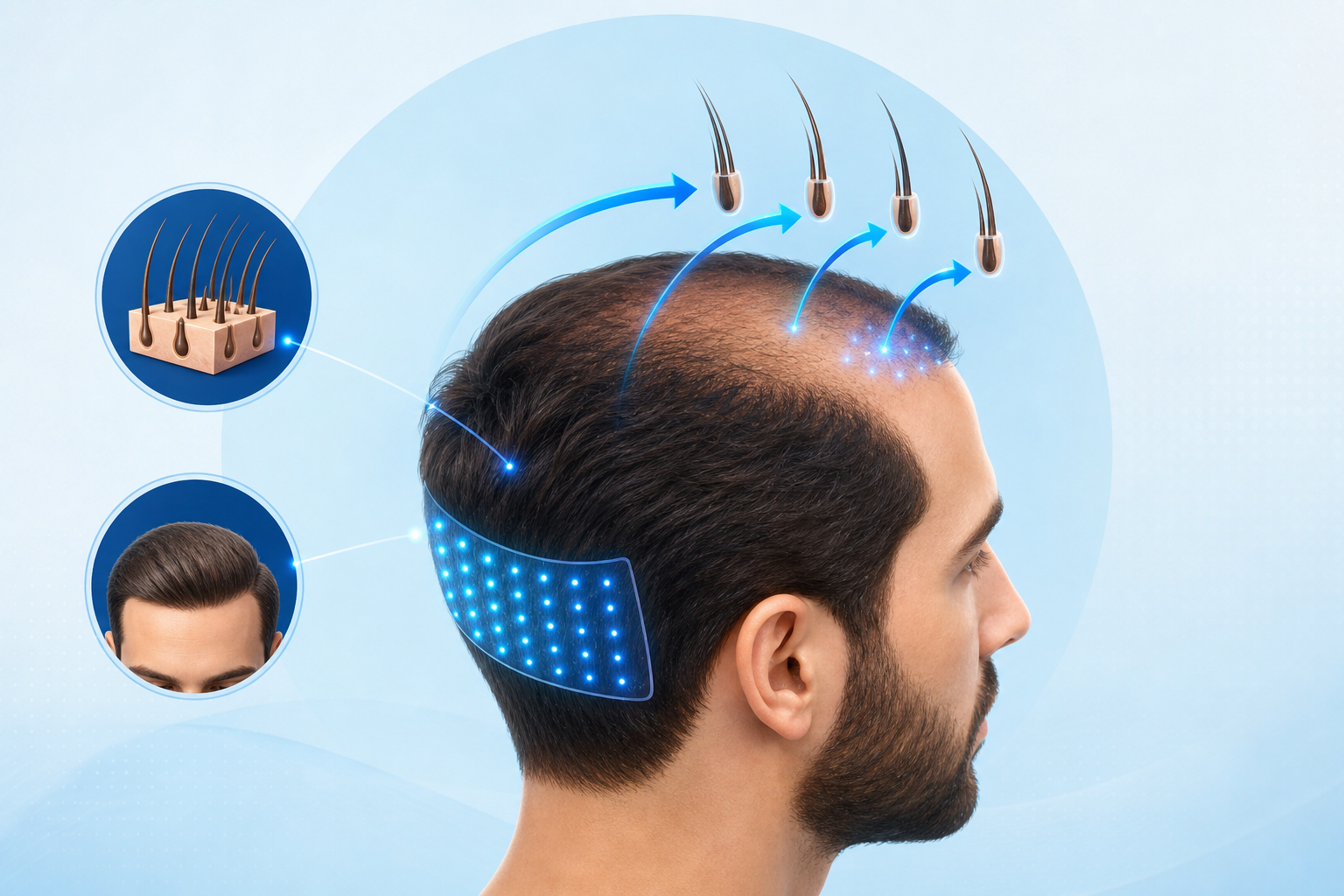 A conceptual medical illustration showing the mechanism of hair transplantation. A profile of a huma