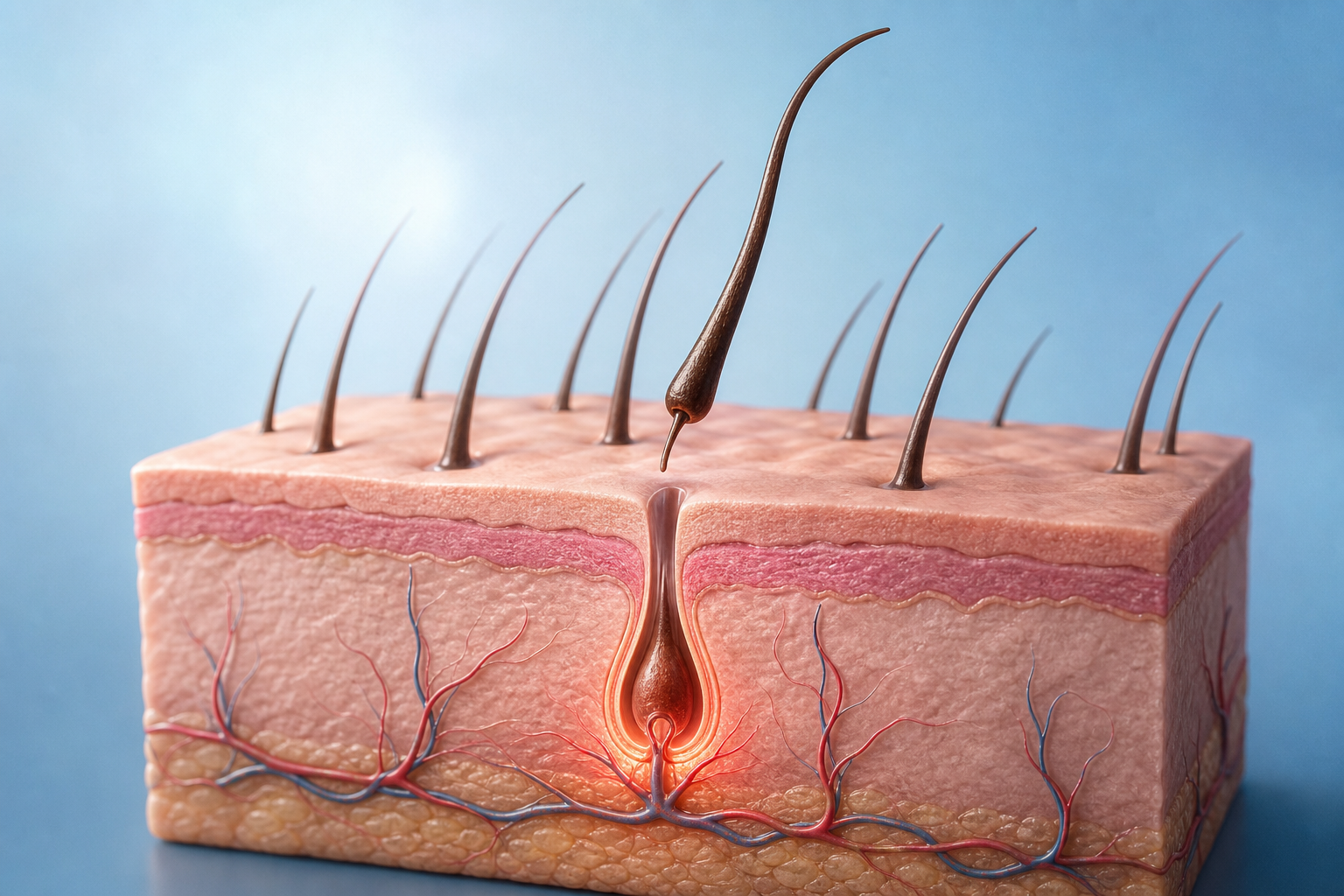 A conceptual medical illustration showing the hair growth cycle after transplantation. A 3D cross-se