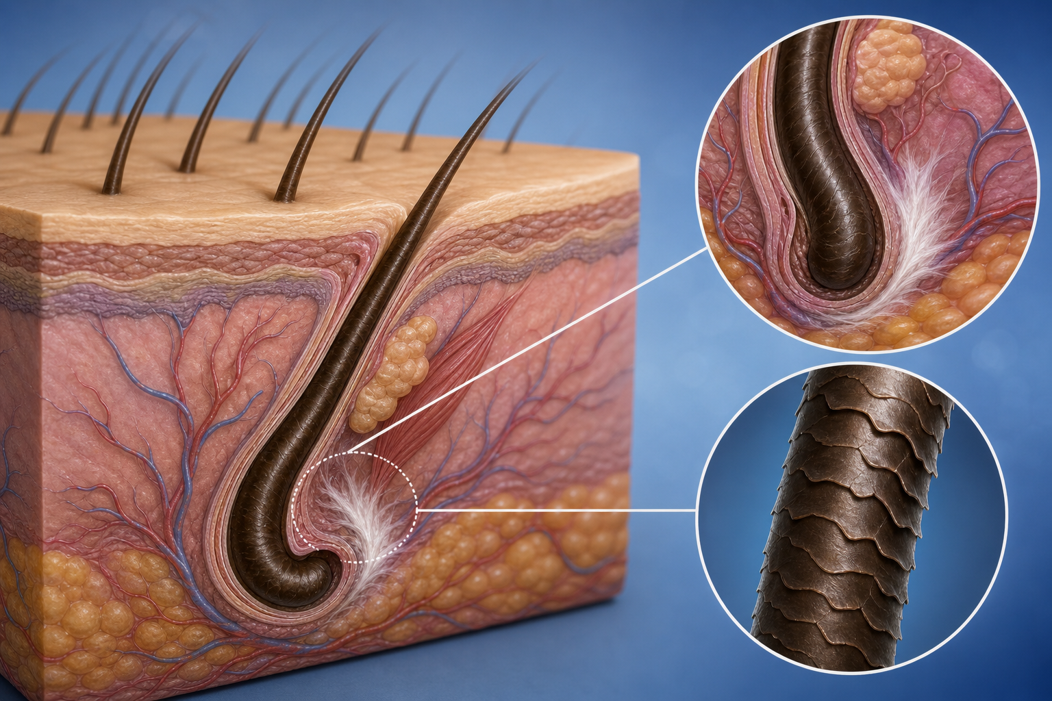 A detailed medical diagram showing a cross-section of the human scalp and hair follicles. The illust