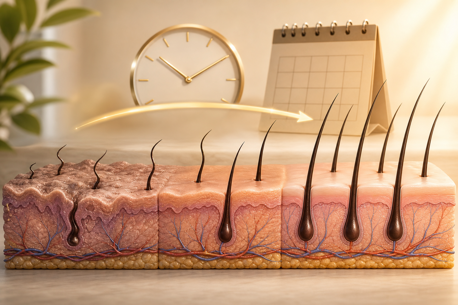 A conceptual and reassuring illustration showing the timeline of scalp recovery. On the left side, t