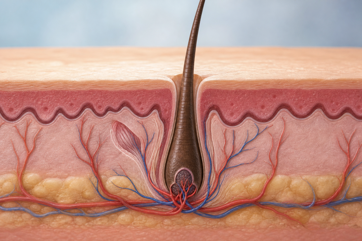 A detailed medical illustration showing a cross-section of the human scalp. It depicts a single hair