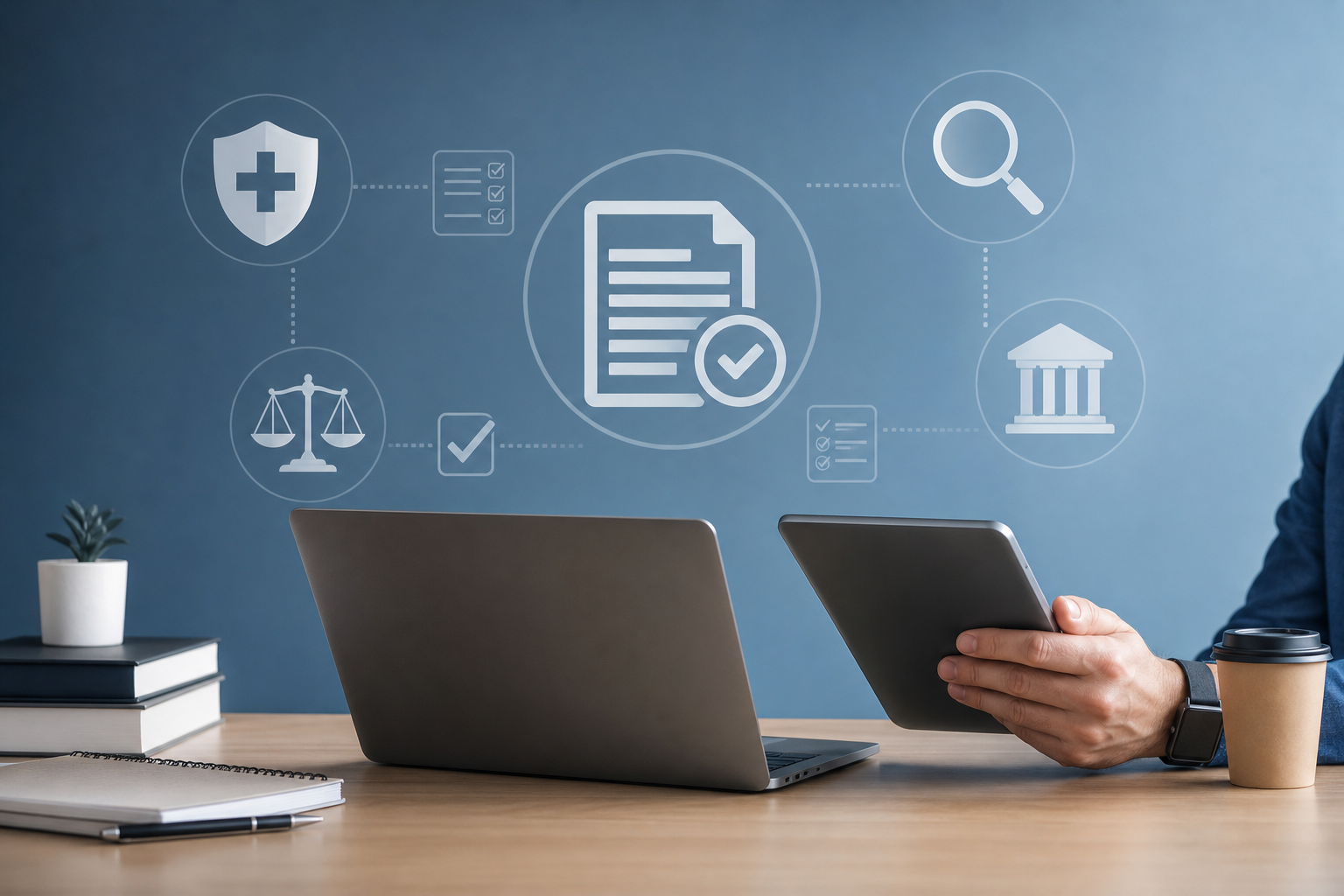 A conceptual illustration of a person carefully reviewing information on a laptop and a tablet. In t