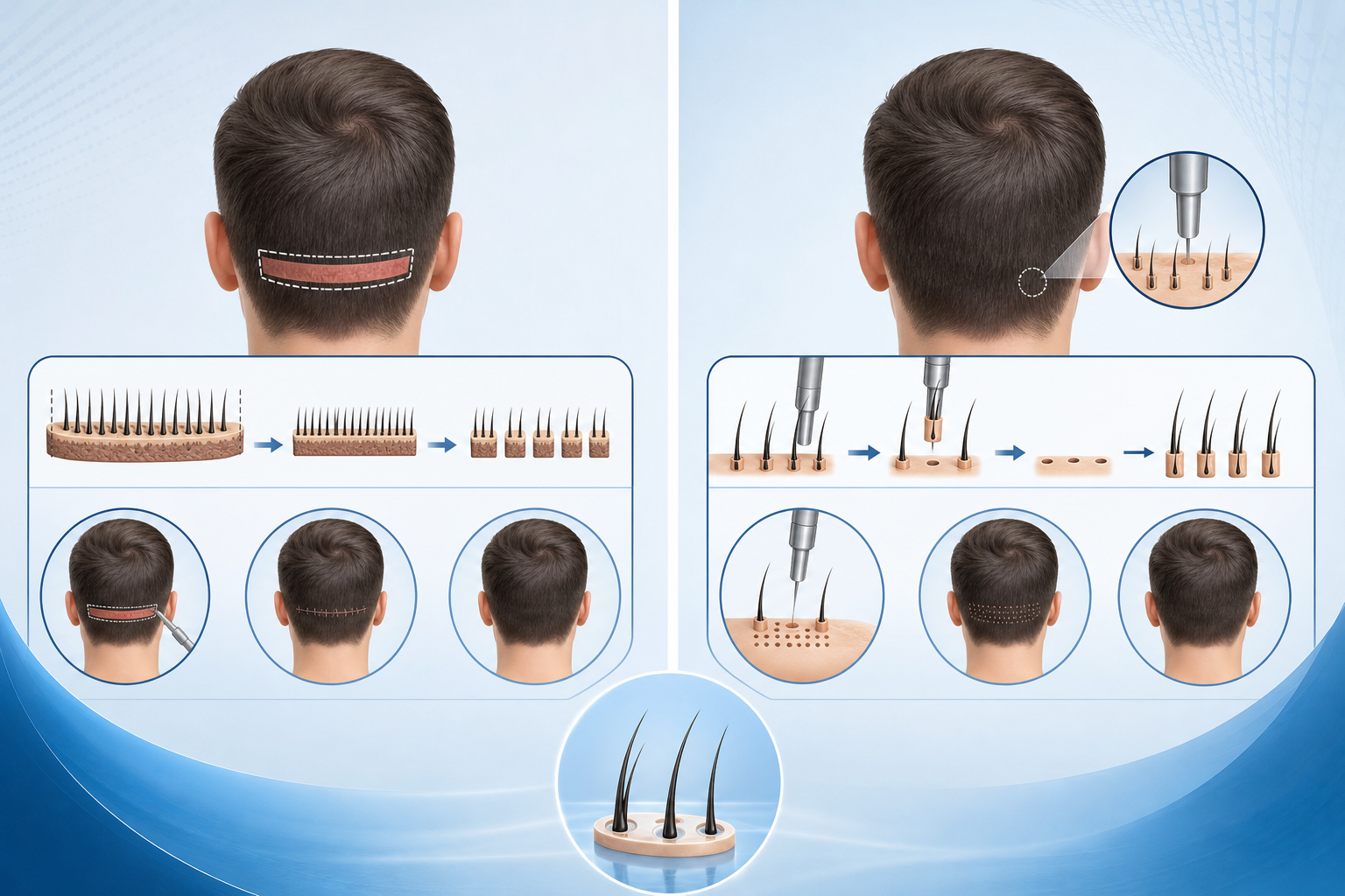 A clean, conceptual medical illustration comparing two hair transplant methods. On one side, it show