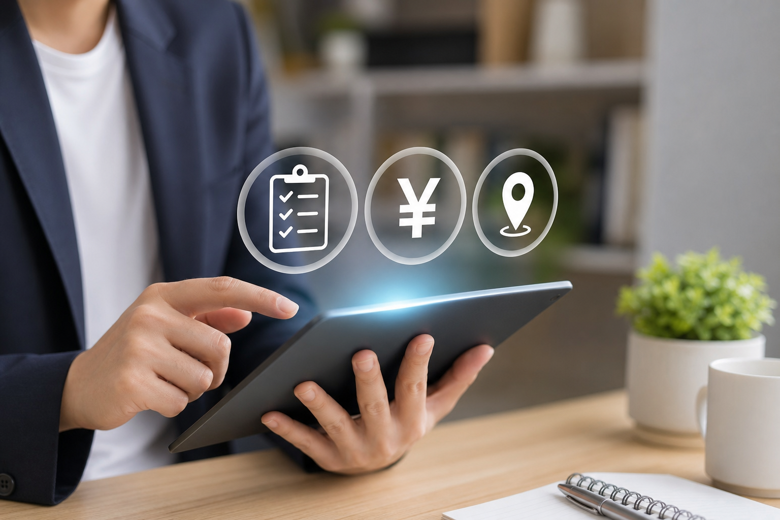 A high-quality conceptual illustration of a person in business casual attire looking at a digital ta