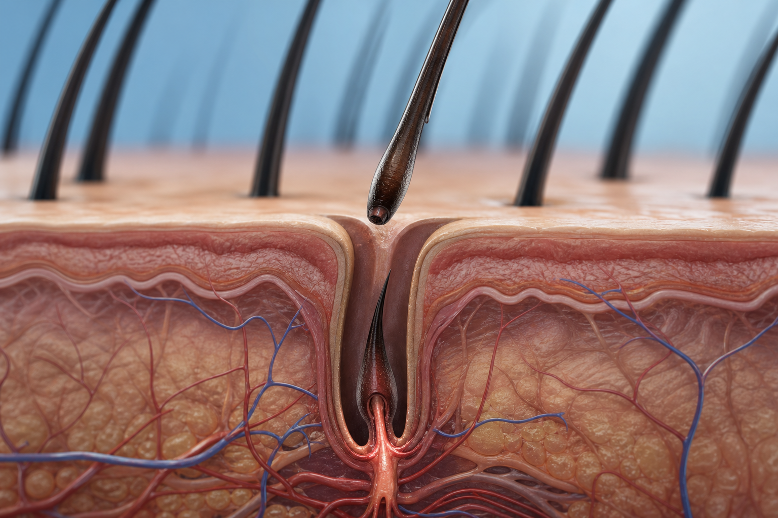 A conceptual medical illustration showing a cross-section of the human scalp. It highlights a health