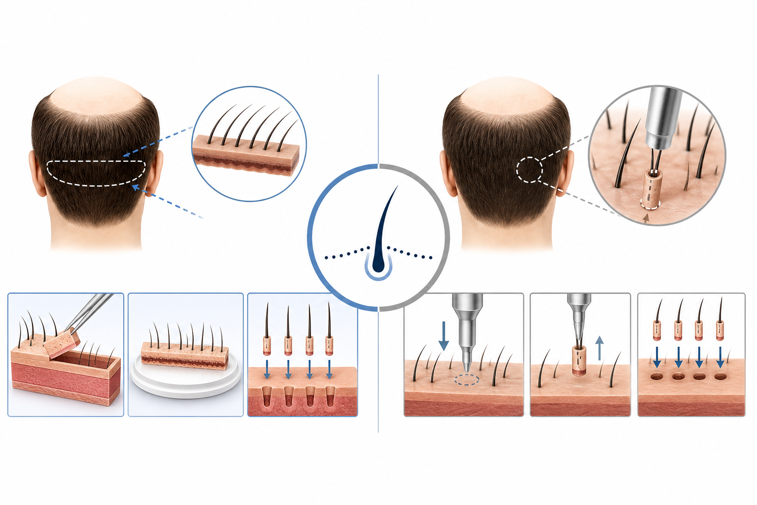 A professional comparison graphic illustrating the two different methods of hair follicle extraction